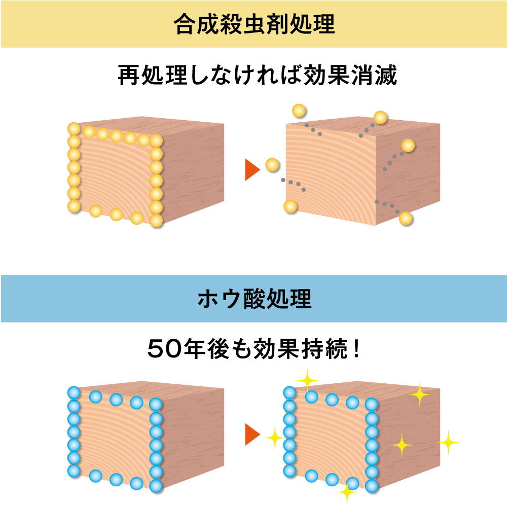 合成殺虫剤処理とホウ酸処理の効果とコストの比較表