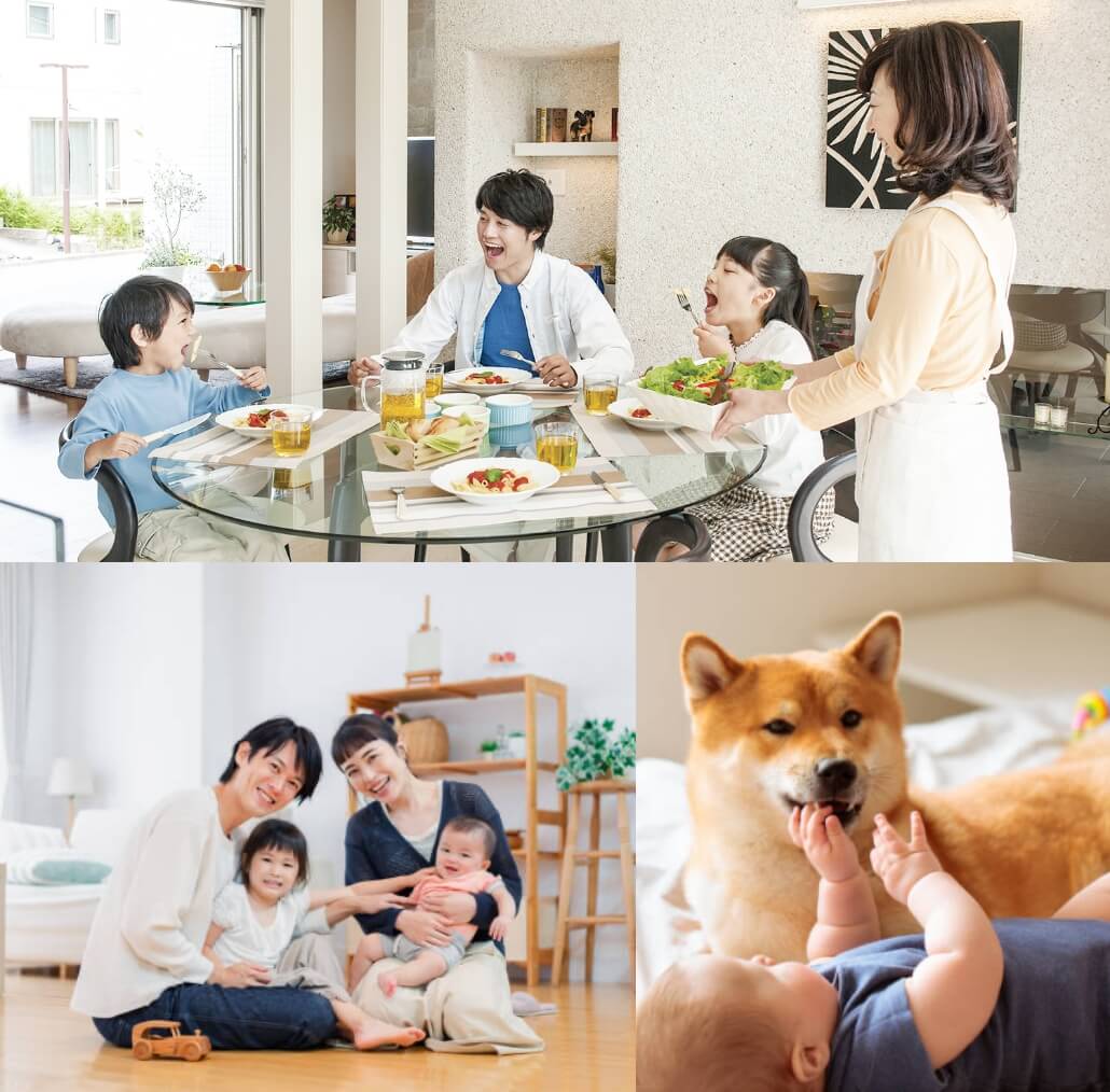 LDKで楽しげに過ごす2組の家族と、寄り添う柴犬と赤ちゃん