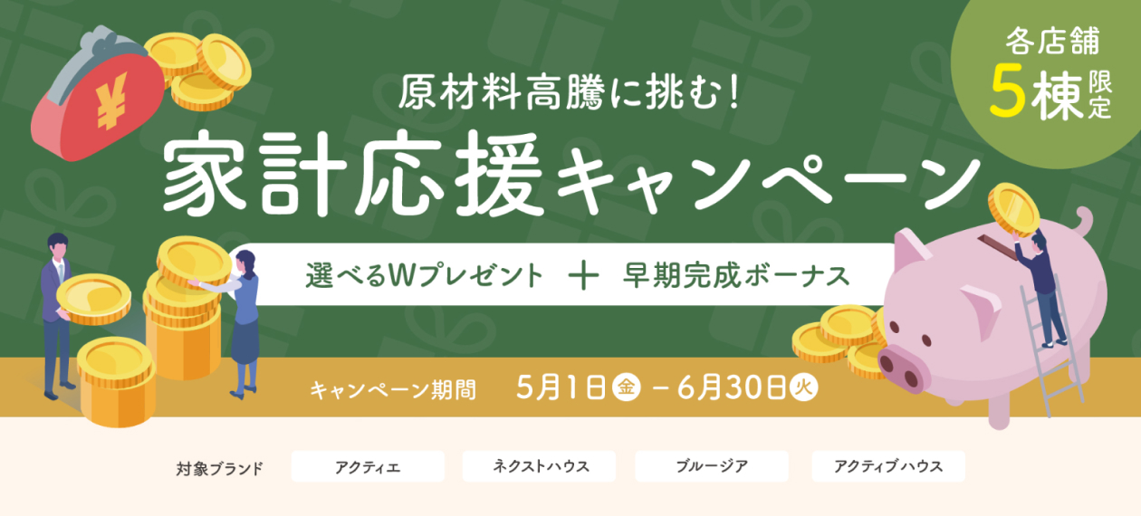 原材料高騰に挑む！ 家計応援キャンペーン 選べるWプレゼント ＋ 早期完成ボーナス キャンペーン期間 5月1日(金)-6月30日(火) 各店舗5棟限定 対象ブランド アクティエ ネクストハウス ブルージア アクティブハウス